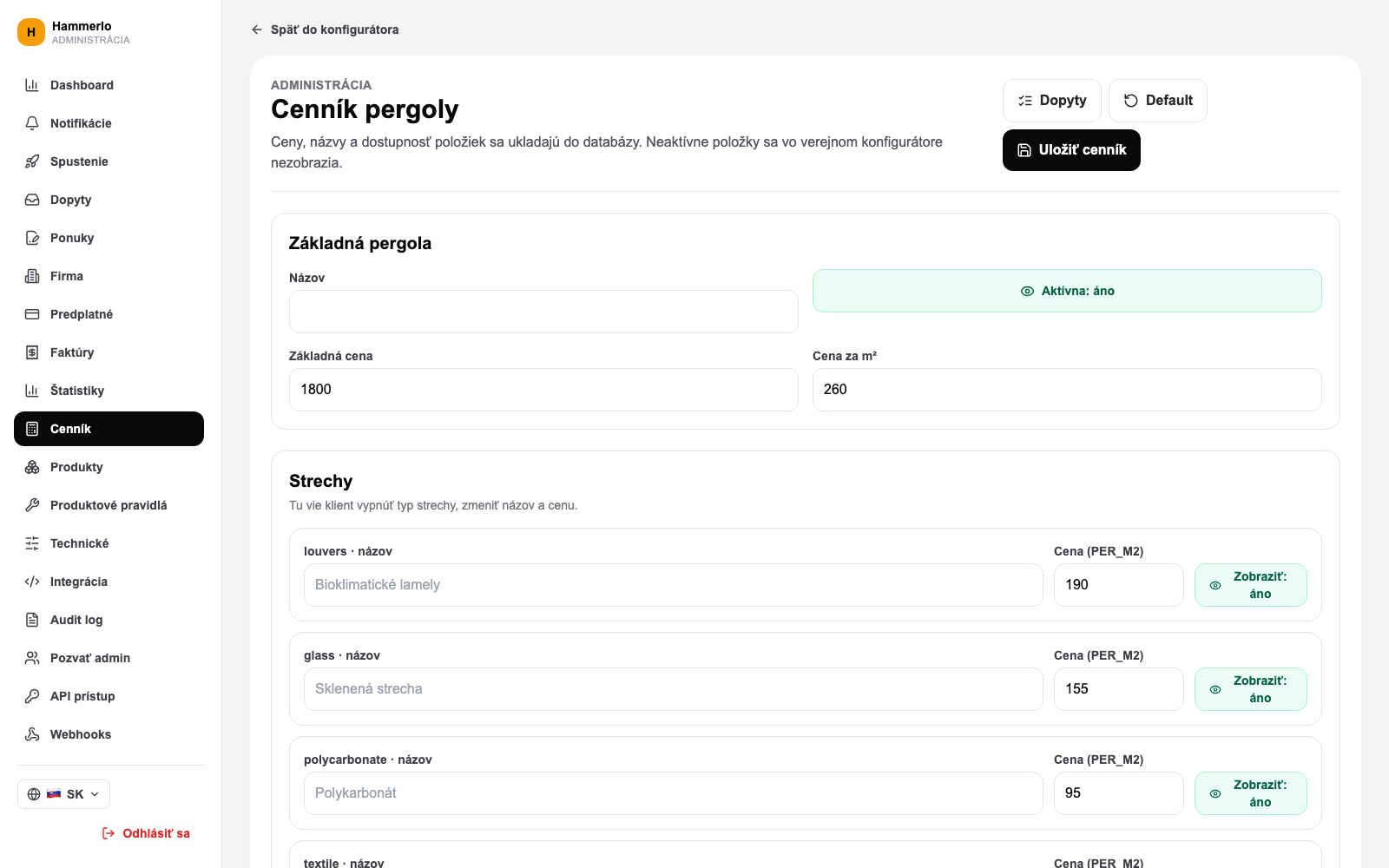 Administrácia — cenník a produktové pravidlá